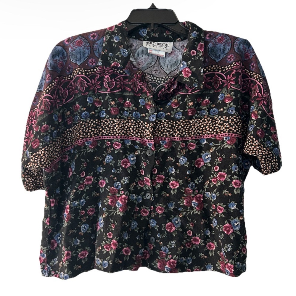 Vintage Ashley Taylor Petites Floral Button Down Short Sleeve Shirt Top Flowers